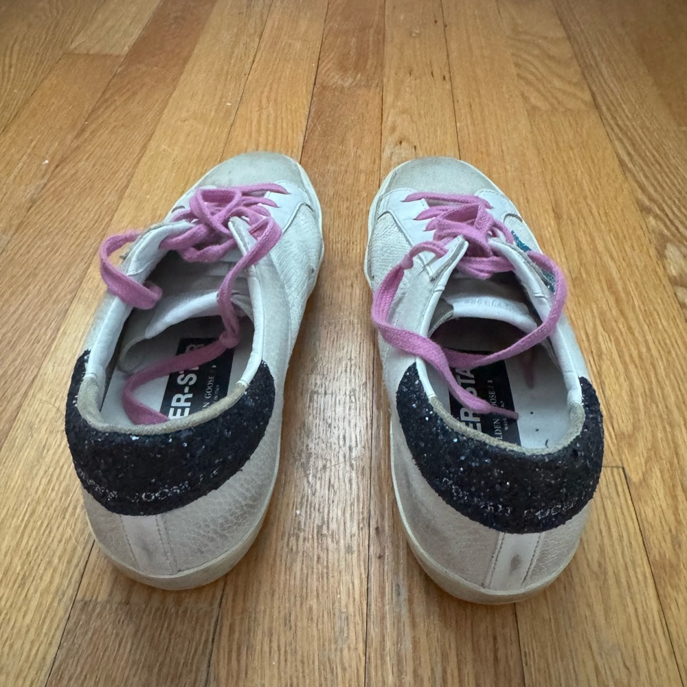 Golden Goose Super-Star Sneakers with Pink Laces and Teal Glitter Star - Picture 3 of 6